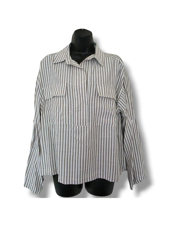 Max Studio Tops - Max Studio Women’s Khaki/White Roll-Tab Double Pocket Collared Shirt Size Large